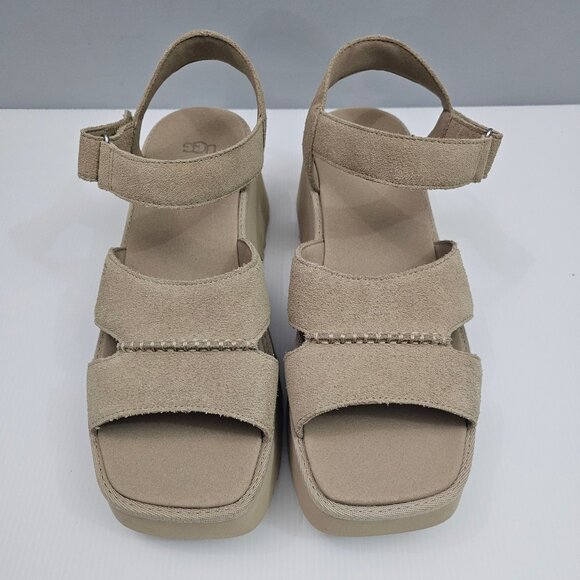 NEW UGG New Heights Sandal Womens 12 Tan Suede Platform Chunky Wedge Ankle Strap - Picture 4 of 14